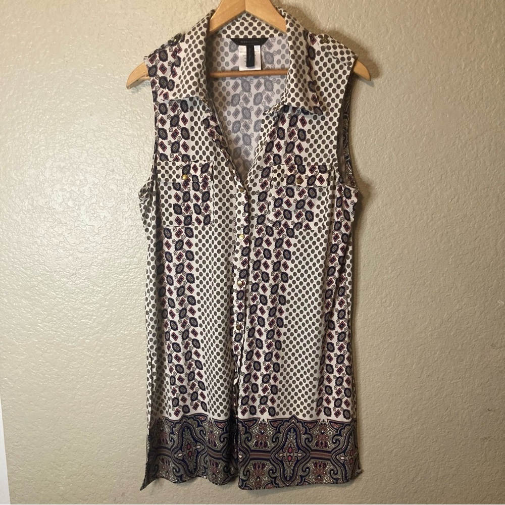 BCBGMaxazria Tunic Blouse Women's Large Collared Sleeveless Printed Tank Top